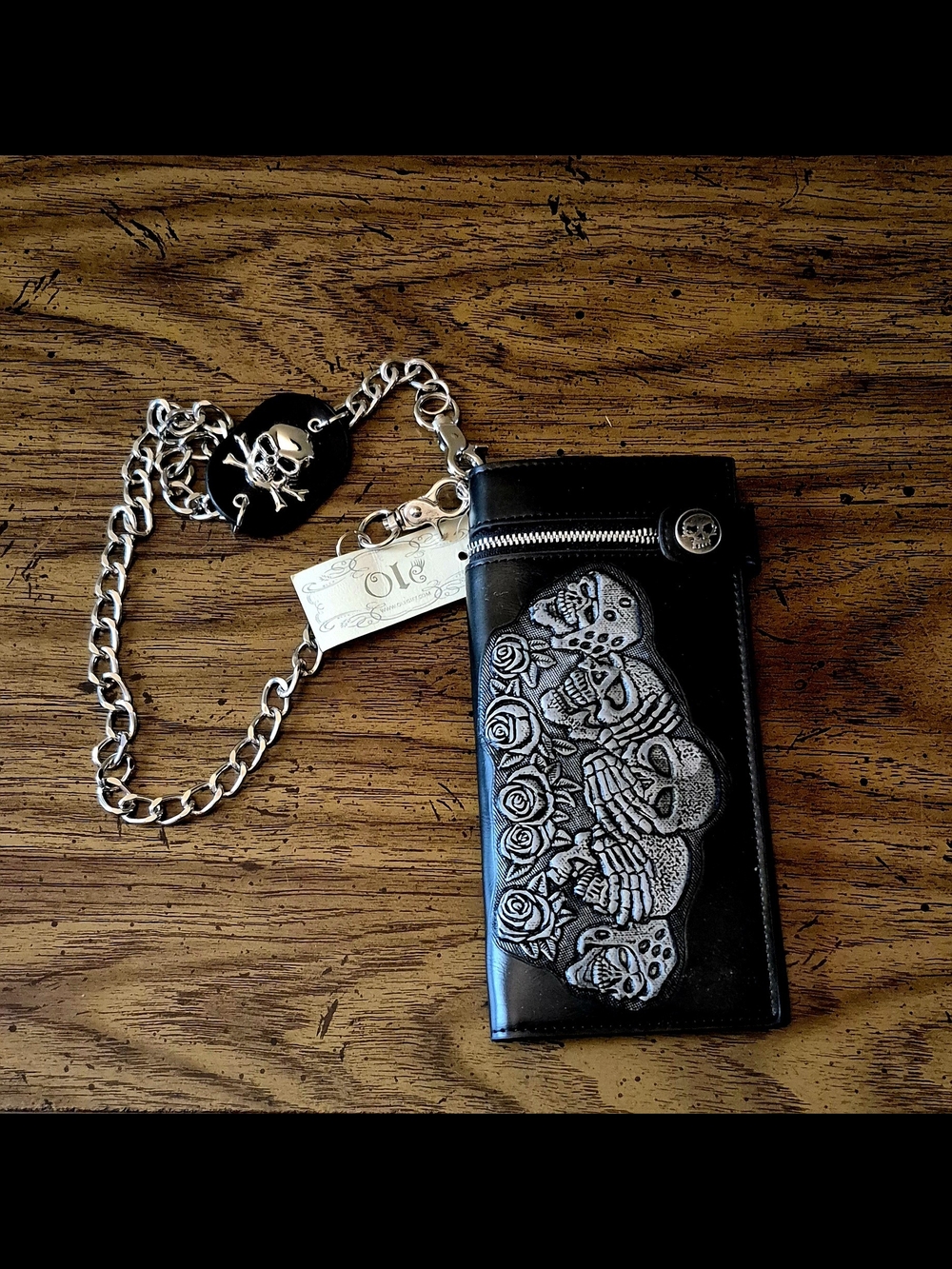 Gothic Black Faux Leather Skull Embossed Men's Wallet with Chain/Unisex